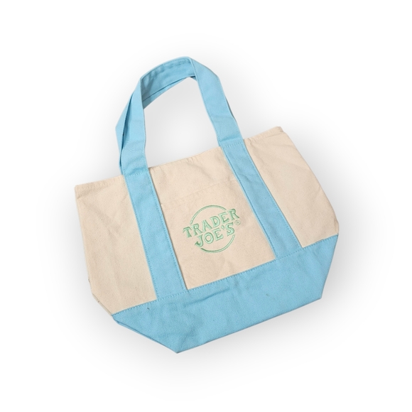Trader Joe’s Canvas Tote Bag Blue Cream Grocery Shopping Tote - Picture 4 of 5